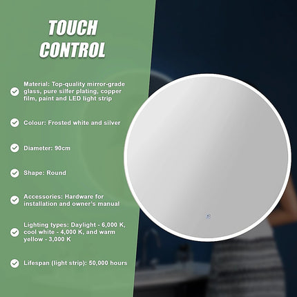 90cm LED Wall Mirror Bathroom Mirrors Light Decor Round.