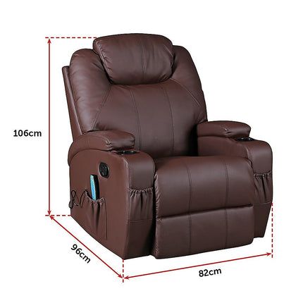 Brown Massage Sofa Chair Recliner 360 Degree Swivel PU Leather Lounge 8 Point Heated.