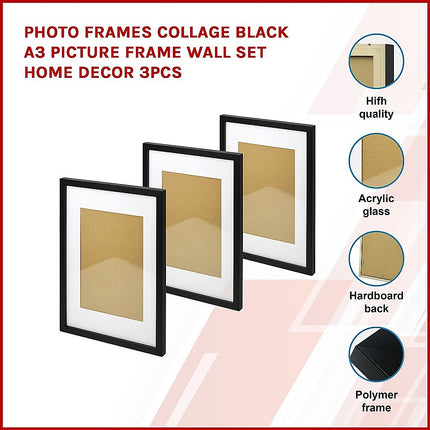Photo Frames Collage Black A3 Picture Frame Wall Set Home Decor 3PCS.