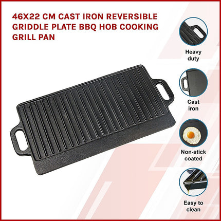46x22 cm Cast Iron Reversible Griddle Plate BBQ Hob Cooking Grill Pan.