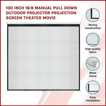100 Inch 16:9 Manual Pull Down Outdoor Projector Projection Screen Theater Movie.