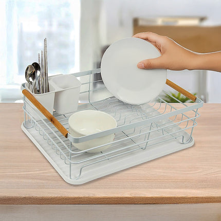 Metal Dish Drying Rack Drainboard Holder Tray Kitchen Plates Cutlery Wood Handle.
