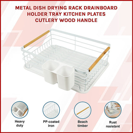Metal Dish Drying Rack Drainboard Holder Tray Kitchen Plates Cutlery Wood Handle.