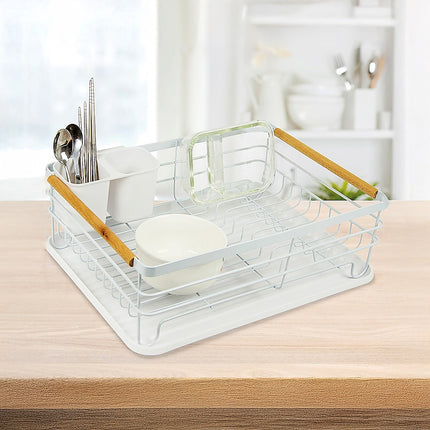 Metal Dish Drying Rack Drainboard Holder Tray Kitchen Plates Cutlery Wood Handle.