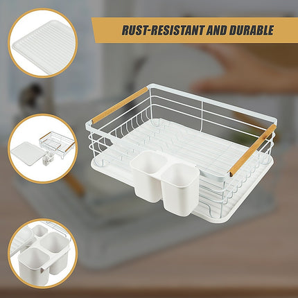 Metal Dish Drying Rack Drainboard Holder Tray Kitchen Plates Cutlery Wood Handle.