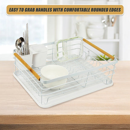 Metal Dish Drying Rack Drainboard Holder Tray Kitchen Plates Cutlery Wood Handle.