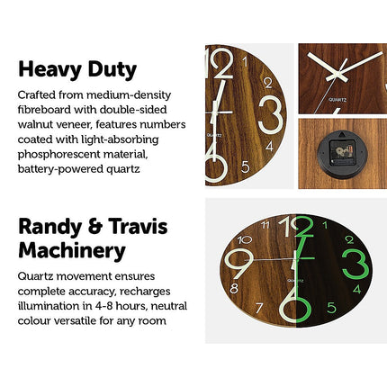 Glow In Dark Wall Clock Luminous Quartz Quiet Wooden Home Decor 30cm.