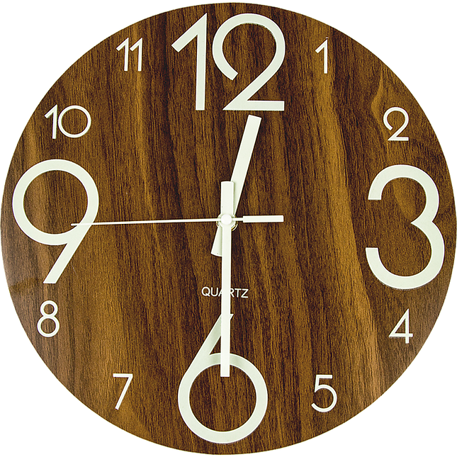 Glow In Dark Wall Clock Luminous Quartz Quiet Wooden Home Decor 30cm.