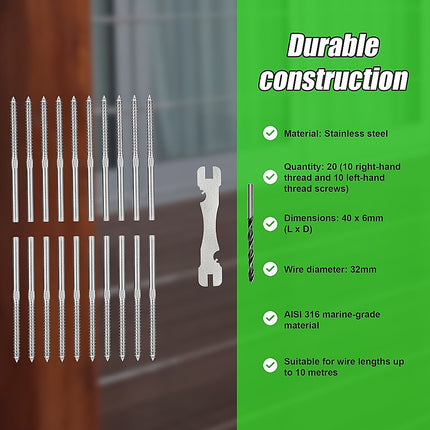 Stainless Steel DIY Rope Balustrade Kit 3.2mm Swage 2 x Lag Screw Term - 10 pack.