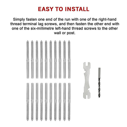 Stainless Steel DIY Rope Balustrade Kit 3.2mm Swage 2 x Lag Screw Term - 10 pack.