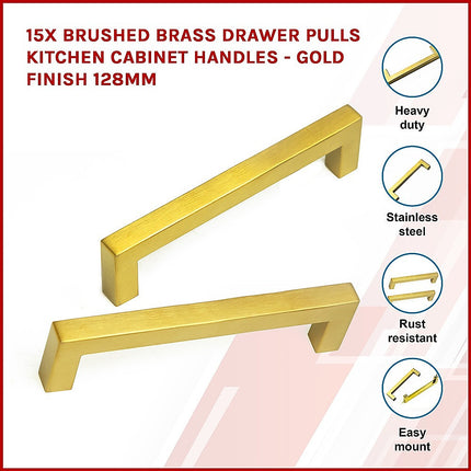 15x Brushed Brass Drawer Pulls Kitchen Cabinet Handles - Gold Finish 128mm.