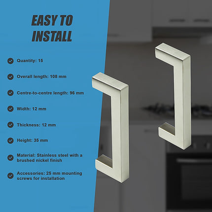 Brushed Nickel Stainless Steel Kitchen Cabinet Square Drawer Pull Door Handles 15-Pack.