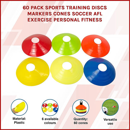 60 Pack Sports Training Discs Markers Cones Soccer AFL Exercise Personal Fitness.