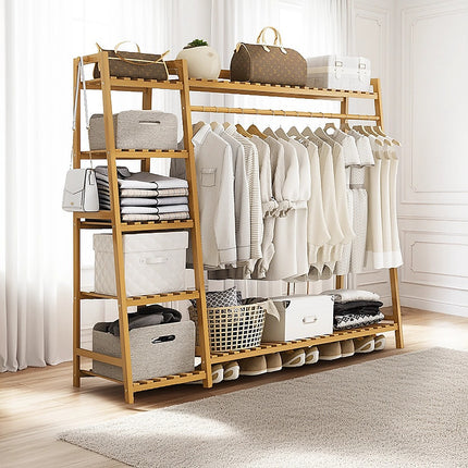 Portable Clothes Rack Coat Garment Stand Bamboo Rail Hanger Airer Closet.