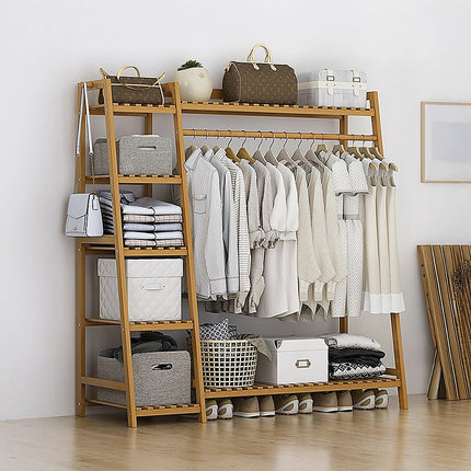 Portable Clothes Rack Coat Garment Stand Bamboo Rail Hanger Airer Closet.