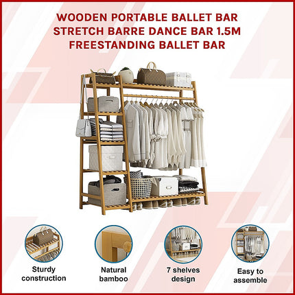 Portable Clothes Rack Coat Garment Stand Bamboo Rail Hanger Airer Closet.