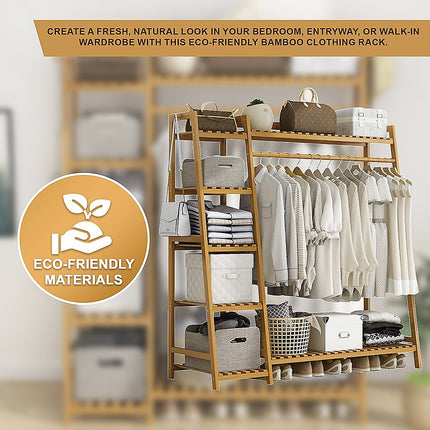 Portable Clothes Rack Coat Garment Stand Bamboo Rail Hanger Airer Closet.