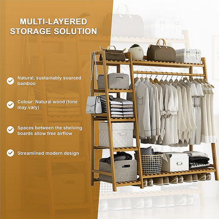 Portable Clothes Rack Coat Garment Stand Bamboo Rail Hanger Airer Closet.