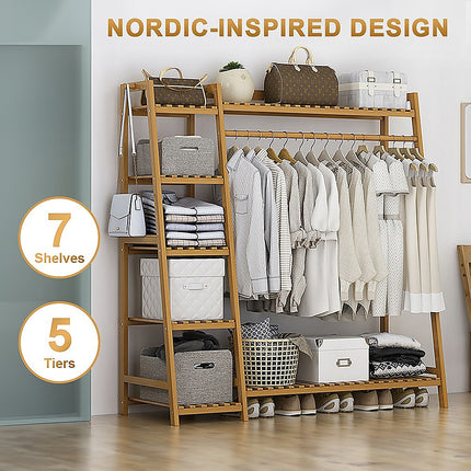 Portable Clothes Rack Coat Garment Stand Bamboo Rail Hanger Airer Closet.