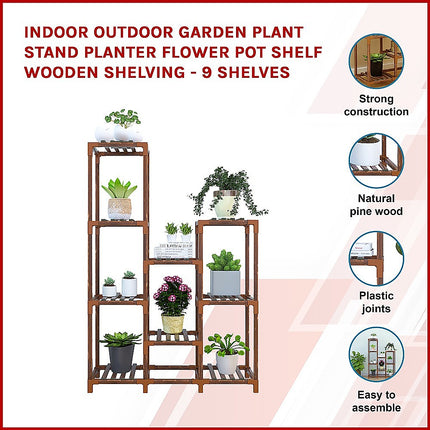 Indoor Outdoor Garden Plant Stand Planter Flower Pot Shelf Wooden Shelving - 9 Shelves.