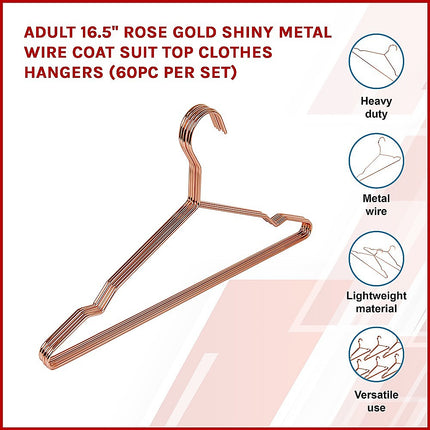 Adult 16.5" Rose Gold Shiny Metal Wire Coat Suit Top Clothes Hangers (60pc per set).