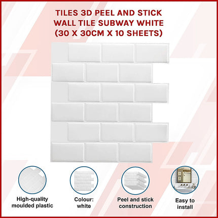 Tiles 3D Peel and Stick Wall Tile Subway White (30 x 30cm x 10 sheets).