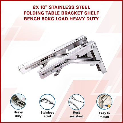 2x 10" Stainless Steel Folding Table Bracket Shelf Bench 50kg Load Heavy Duty.