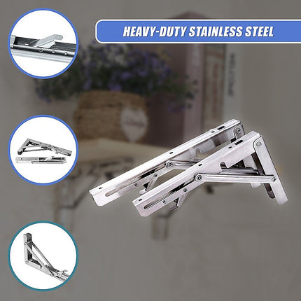 2x 10" Stainless Steel Folding Table Bracket Shelf Bench 50kg Load Heavy Duty.