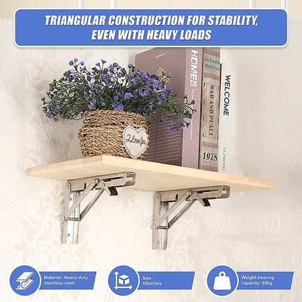 2x 10" Stainless Steel Folding Table Bracket Shelf Bench 50kg Load Heavy Duty.
