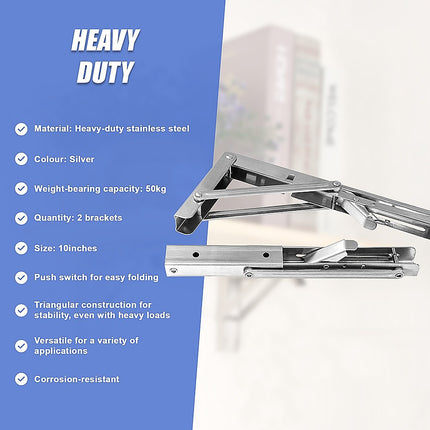 2x 10" Stainless Steel Folding Table Bracket Shelf Bench 50kg Load Heavy Duty.