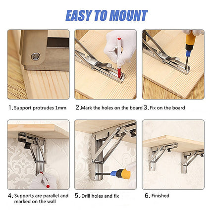 2x 10" Stainless Steel Folding Table Bracket Shelf Bench 50kg Load Heavy Duty.