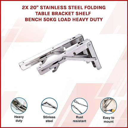 2x 20" Stainless Steel Folding Table Bracket Shelf Bench 50kg Load Heavy Duty.