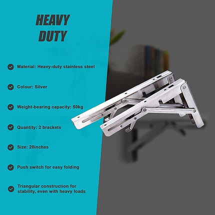 2x 20" Stainless Steel Folding Table Bracket Shelf Bench 50kg Load Heavy Duty.