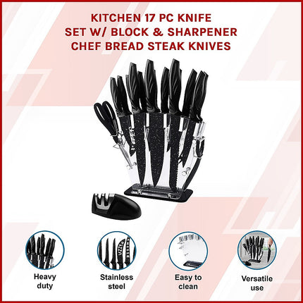 Kitchen 17 Piece Knife Set with Block and Sharpener Chef Knives.
