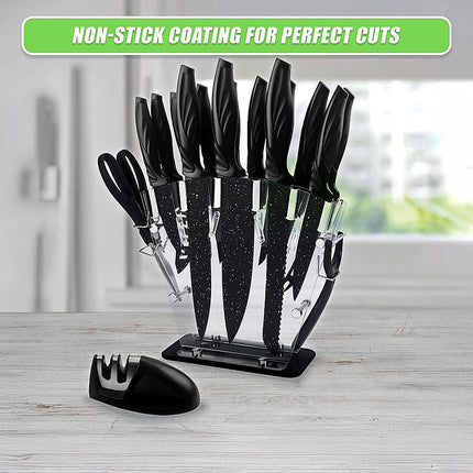 Kitchen 17 Piece Knife Set with Block and Sharpener Chef Knives.