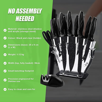 Kitchen 17 Piece Knife Set with Block and Sharpener Chef Knives.