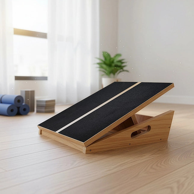 Wooden Slant Exercise Board With Adjustable Incline And Non-Slip Surface.