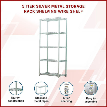 5 Tier Silver Metal Storage Rack Shelving Wire Shelf.