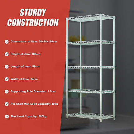 5 Tier Silver Metal Storage Rack Shelving Wire Shelf.