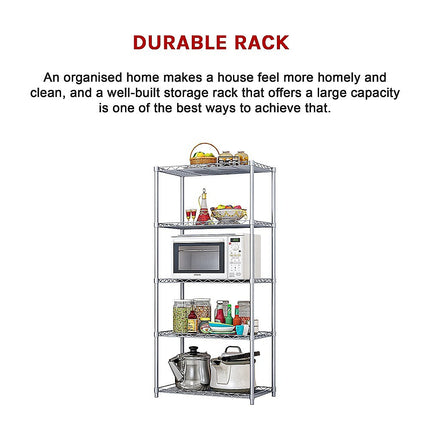 5 Tier Silver Metal Storage Rack Shelving Wire Shelf.