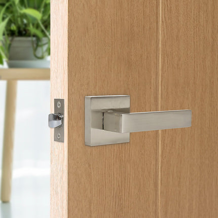 Door Handle Set Lever Passage Function Square Satin Nickel.
