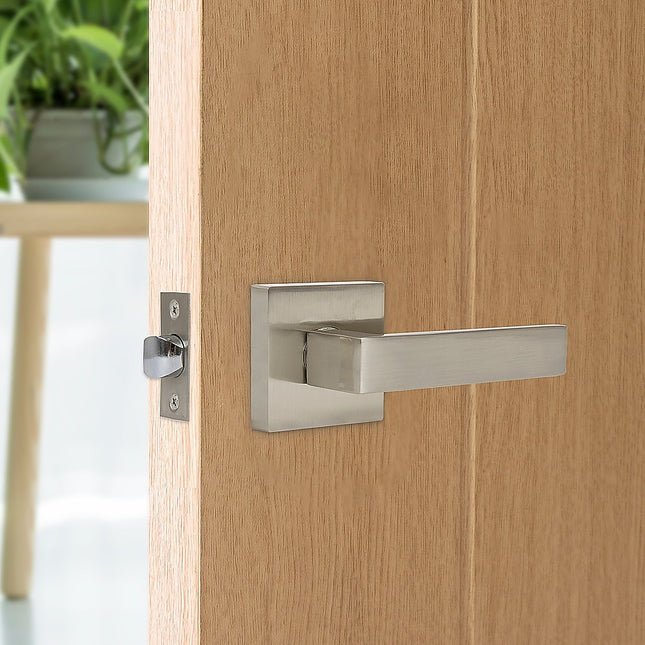 Door Handle Set Lever Passage Function Square Satin Nickel.