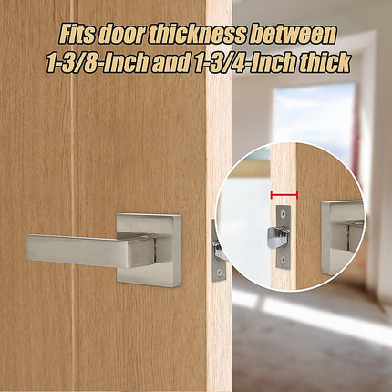 Door Handle Set Lever Passage Function Square Satin Nickel.