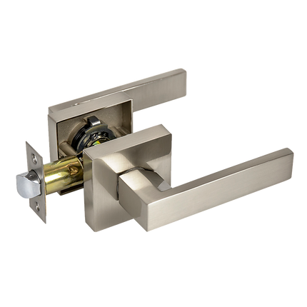 Door Handle Set Lever Passage Function Square Satin Nickel.