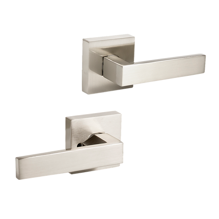 Door Handle Set Lever Passage Function Square Satin Nickel.
