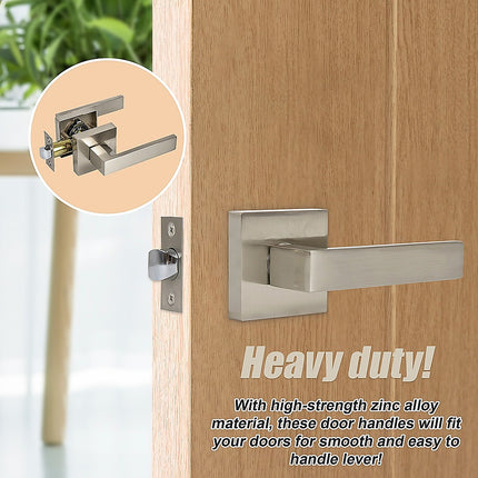 Door Handle Set Lever Passage Function Square Satin Nickel.