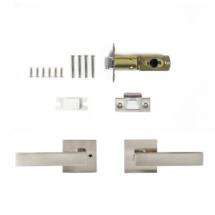 Door Handle Set Lever Passage Function Square Satin Nickel.