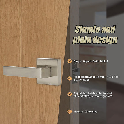 Door Handle Set Lever Passage Function Square Satin Nickel.