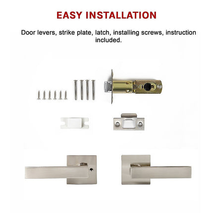 Door Handle Set Lever Passage Function Square Satin Nickel.