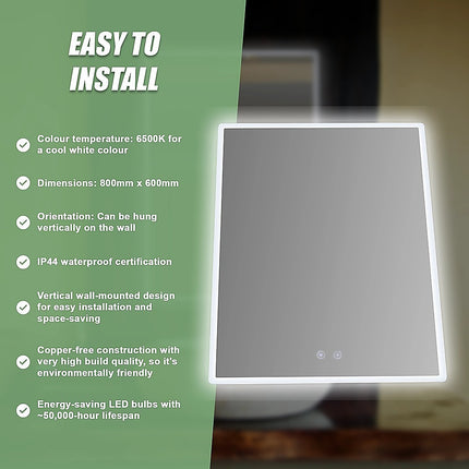 Smart Mirror Bathroom Vanity LED Lighted Wall Mirror 800x600mm.